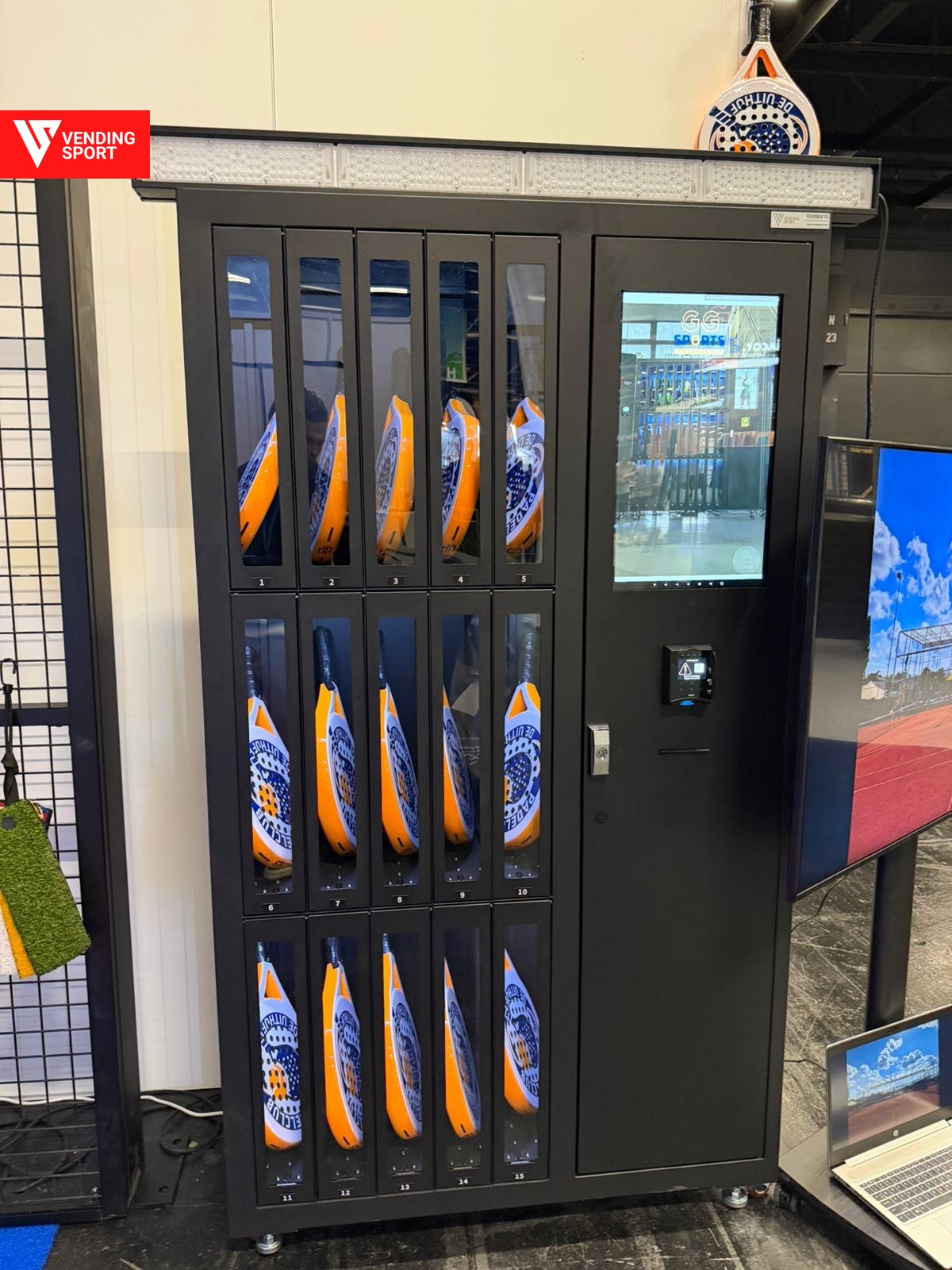 Vending Sport racket locker system with touchscreen interface